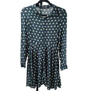 Zara Blue Shirt Dress Collared Button Geometric Long Sleeves Stretch Size XS